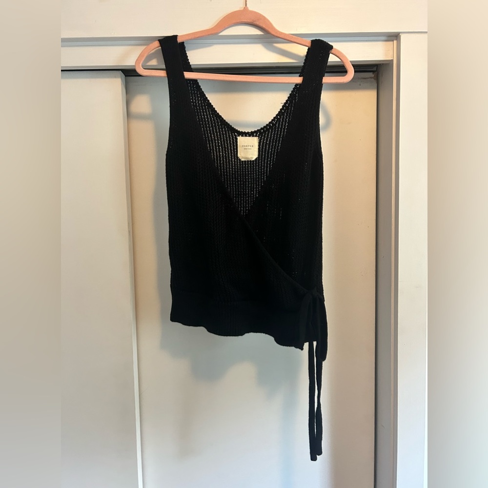 Knit black wrap tank with tie detail